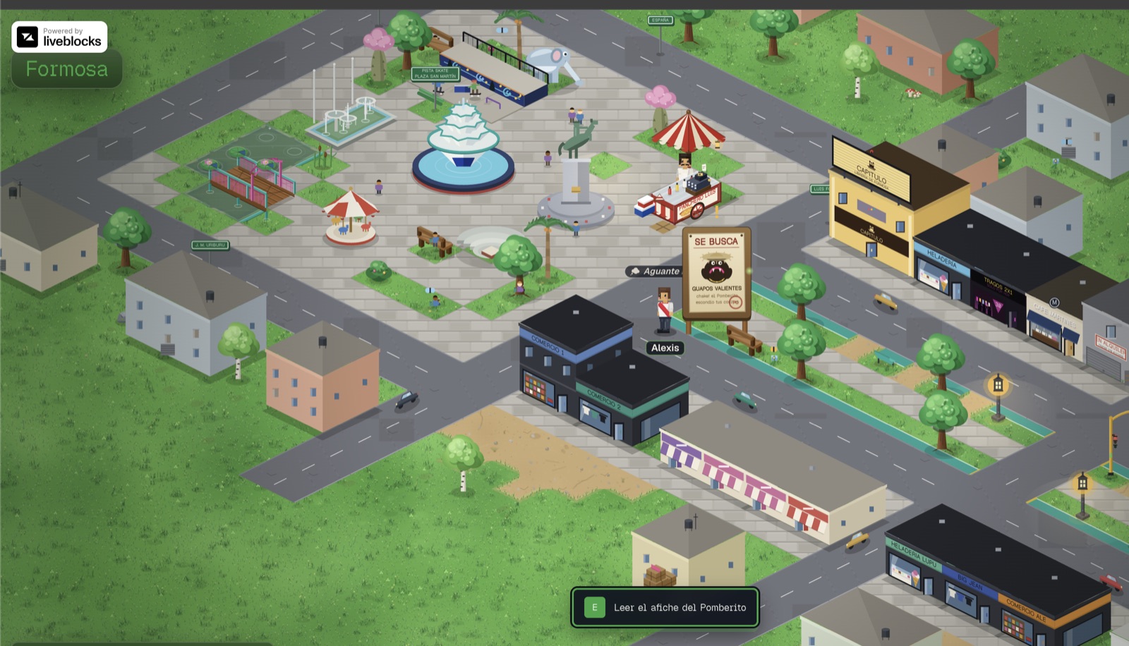 Plaza San Martín in the game: the fountain, the monument, the carousel and the hot dog cart